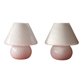 Vintage Pair of Murano Glass “Mushroom” Swirl Table Lamps – Italy, 1970s For Sale