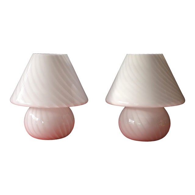 Vintage Pair of Murano Glass “Mushroom” Swirl Table Lamps – Italy, 1970s For Sale
