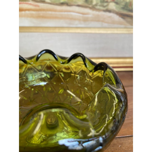 Vintage Green Pressed Glass Bowl With Scalloped Rim and Silver-Toned Floral Base. For Sale - Image 9 of 10