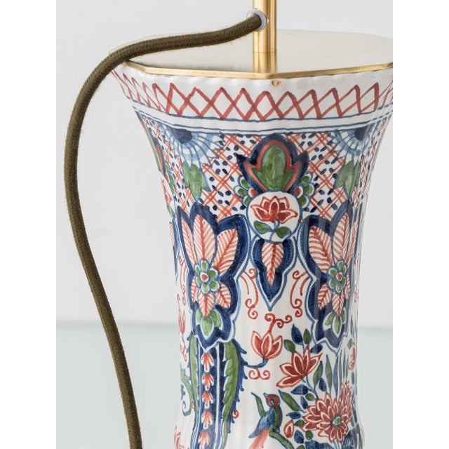 Dutch Delft Table Lamps with New Olive Velvet Drum Lampshades by Makkum, 1940s, Set of 2 For Sale - Image 4 of 17