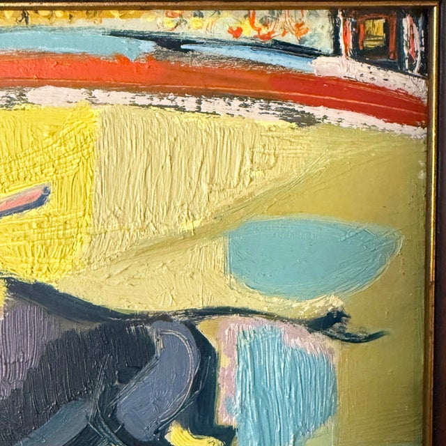 Yellow Petite Mid Century Abstract Bull Fighting Painting For Sale - Image 8 of 8