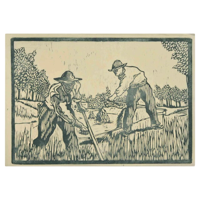 Augusto Monari, Peasants, Woodcut Print, Early 20th Century For Sale