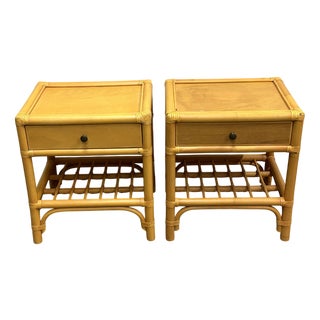 Vintage Bamboo and Wood Nightstands with Drawers, 1970s, Set of 2 For Sale