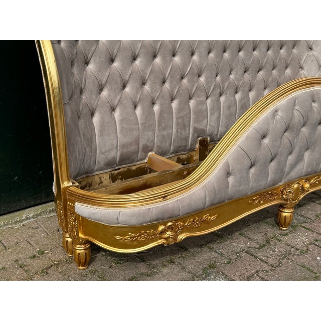 1880 French LouisXVI Gold Beech Velvet Corbeille Bedframe 4pc Set For Sale - Image 4 of 13