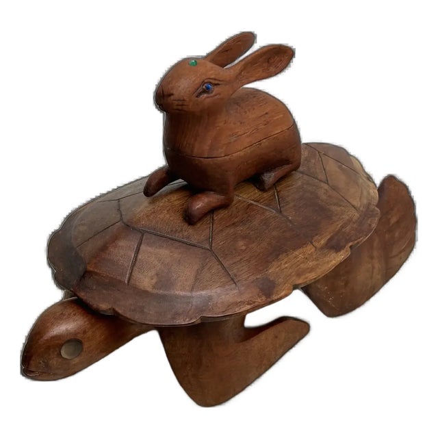 1970s Ooak Wood Sea Turtle/Rabbit/Emerald/Lapis Box For Sale