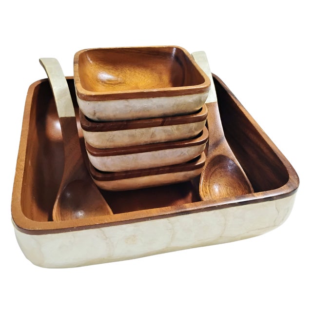 Mid-Century Modern 1960s Mid Century Modern Genuine Shell-Craft Products Capiz & Wood Salad Set - 7 Pieces For Sale - Image 3 of 17
