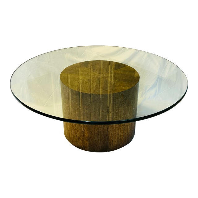 Vintage Henredon Mid-Century Modern Drum Coffee Table | Sculptural Walnut & Oak Pedestal | Starburst Parquetry | Harvey Probber Style For Sale