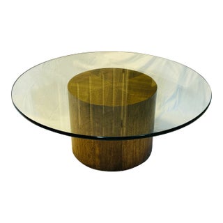 Vintage Henredon Mid-Century Modern Walnut Drum Coffee Table With Thick Glass Top – Harvey Probber Style Sculptural Pedestal Cocktail Table For Sale