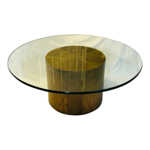 Vintage Henredon Mid-Century Modern Walnut Drum Coffee Table With Thick Glass Top – Harvey Probber Style Sculptural Pedestal Cocktail Table