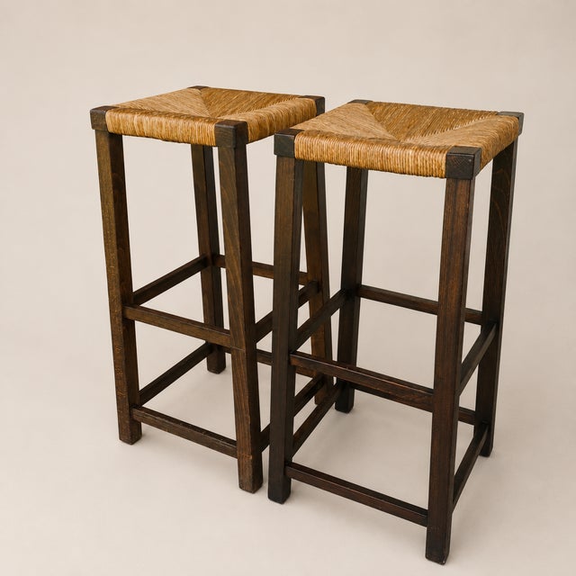 Mid-Century Modern 1960s Dutch Mid-Century Modern Oak and Rush Bar Stools, Set of Four, 31.5" H For Sale - Image 3 of 6