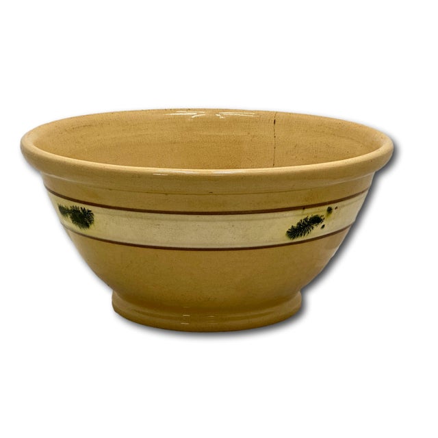 Large Size Antique Green Seaweed Decorated & Banded Yellow Ware Kitchen Mixing Bowl Circa Late 19th Century For Sale - Image 18 of 18
