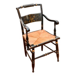 Vintage Hitchcock Black Painted Armchair With Rush Seat For Sale