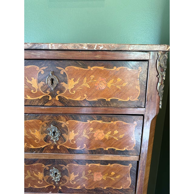 Italian Antique Walnut 6-Drawer Chest With Floral Marquetry and Stone Top For Sale - Image 3 of 4