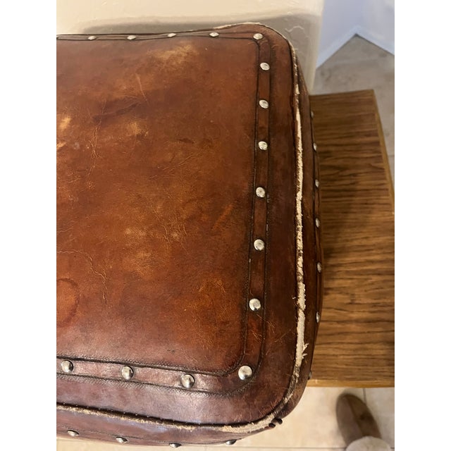1990s Tooled Leather Ottoman Plain With Nailheads Antique Brown For Sale - Image 10 of 12