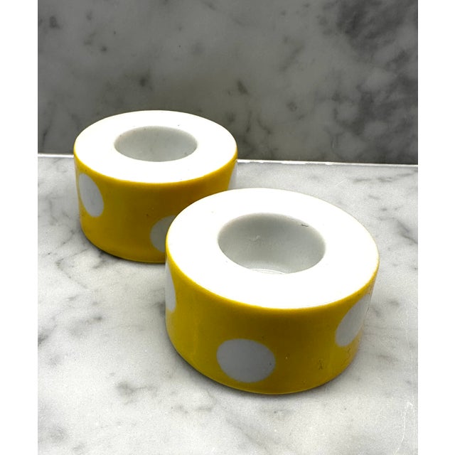 Fitz and Floyd 1970s Fitz and Floyd Yellow Polka Dot Pillar Candle Holders - Set of 2 For Sale - Image 4 of 6