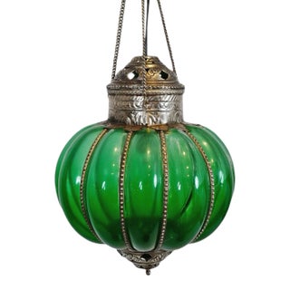 Vintage Green Glass Pumpkin Pendant Light Medium For Sale