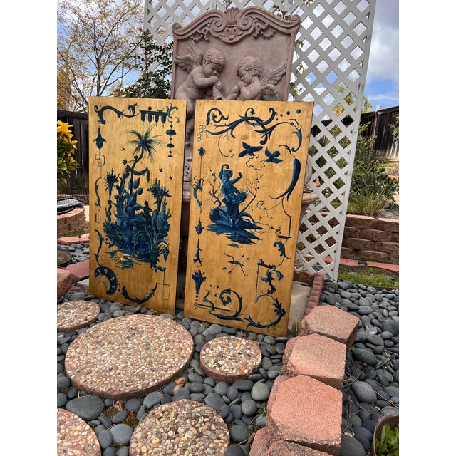 A beautiful pair of hand painted large scale giltwood rectangle chinoiserie panels. A sophisticated design with...