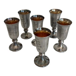 Set of 6 Vintage Soviet Silver-Plated Cordial Goblets With Gilt Interior – Floral Engraved Vodka Cups For Sale