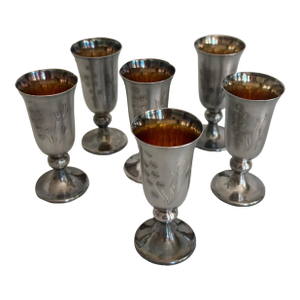 Set of 6 Vintage Soviet Silver-Plated Cordial Goblets With Gilt Interior – Floral Engraved Vodka Cups