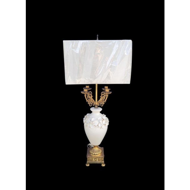 Vintage Huge Marbro Style Porcelain Urn Candleabra Style Raised Leaf Brass Table Lamp For Sale In West Palm - Image 6 of 12