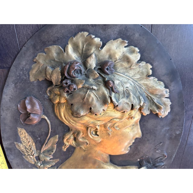 Mid 20th Century Mid 20th Century Pair of Oval Art Nouveau Gilt Metal Bas Relief Figure Bust Cameo Wall Plaques 23"x17" For Sale - Image 5 of 10