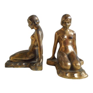 Vintage Frankart Art Deco Kneeling Nude Female Gilt Metal Bookends- Set of 2 For Sale
