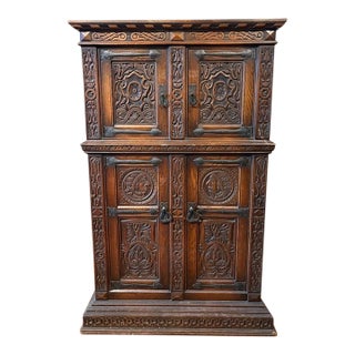 Early 20th Century Hand-Carved Gothic Revival Two-Tiered Cabinet With Iron Hardware For Sale