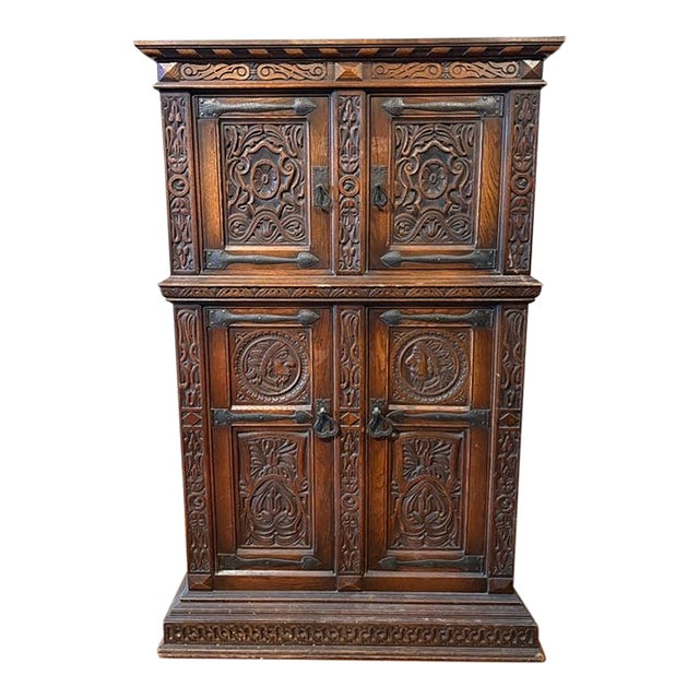 Early 20th Century Hand-Carved Gothic Revival Two-Tiered Cabinet With Iron Hardware For Sale