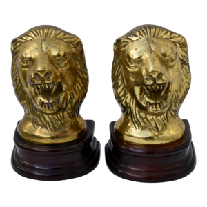 Vtg. Pair of Brass Lion Head Traditional Style Bookends W/Wood Base