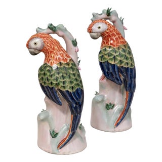 Mid 20th century Chinoiserie Hand Painted Parrots in the Style of Herend - A Pair For Sale