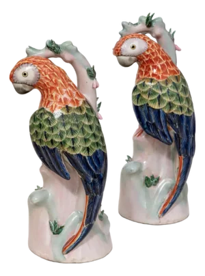 Mid 20th century Chinoiserie Hand Painted Parrots in the Style of Herend - A Pair