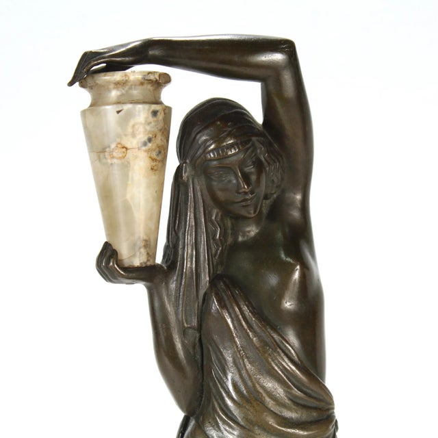 Art Deco Andreé Guerval French Art Deco Bronze & Onyx Sculpture of Chysis / Woman & Urn For Sale - Image 3 of 13