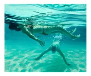 Afternoon Cala Molto, Oil on Canvas of Underwater Swimmers, Cool Tones, 2019