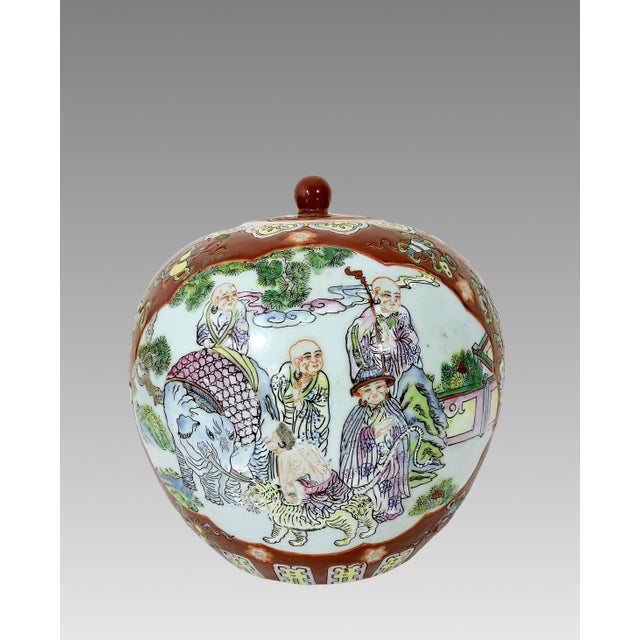 Chinoiserie Vintage Hong Kong Double 'Qilin' Persimmon Red Porcelain Ginger Jar With the Eight Chinese Immortals For Sale - Image 3 of 8