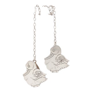 Antique Edwardian Webster Sterling Silver Figural Duck Child's Bib Holder - a Pair For Sale