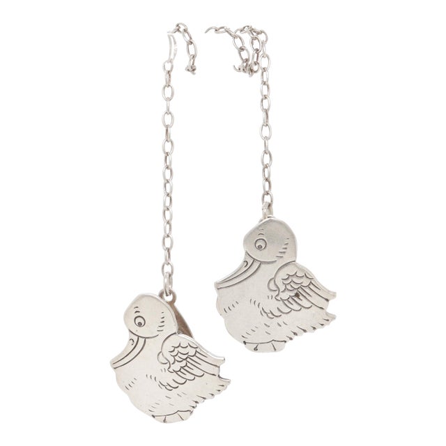Antique Edwardian Webster Sterling Silver Figural Duck Child's Bib Holder - a Pair For Sale