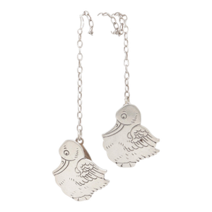 Antique Edwardian Webster Sterling Silver Figural Duck Child's Bib Holder - a Pair