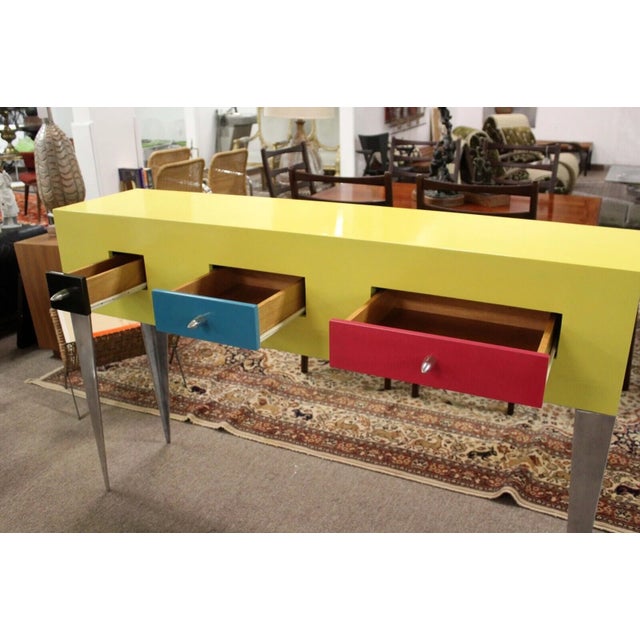 Vintage Memphis Style Yellow & Chrome Console Occasional Foyer Table 3 Drawer For Sale In Detroit - Image 6 of 6
