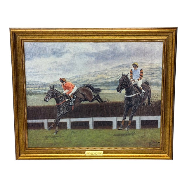1984 Cheltenham Gold Cup Original Equestrian Oil Painting Signed by Jockeys John Francome and Phil Tuck. For Sale