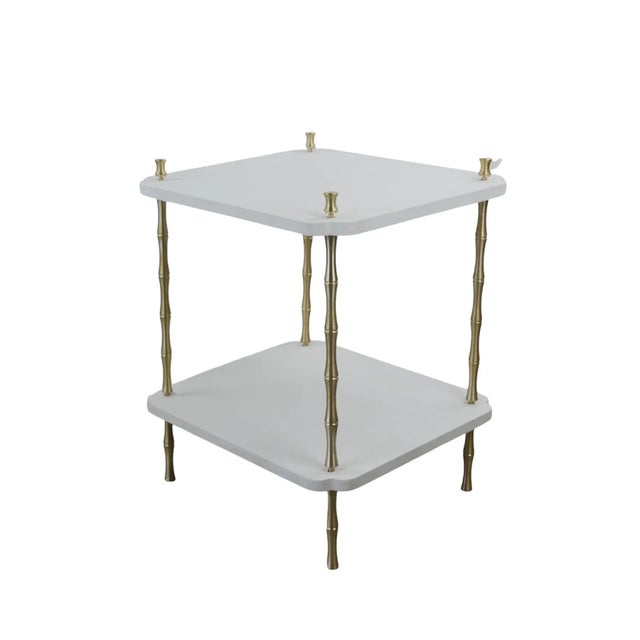 Wood and Brass Faux Bamboo Legs White Sofa Side Table, For Sale - Image 4 of 12