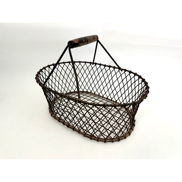 Vintage French Wire Gathering Basket W/ Wooden Grip For Sale - Image 4 of 9