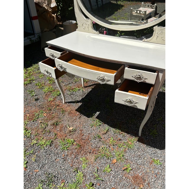 Charming White Painted Wood Vanity With Oval Mirror For Sale - Image 12 of 17