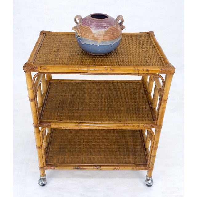Brown Mid Century c1970s Bamboo 3 tier Side End Table Stand on Wheels MINT For Sale - Image 8 of 13