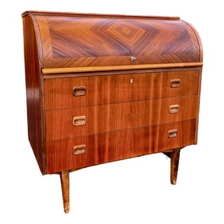 Mid Century Modern Teak Diamond Motif Rolltop Desk & Drawers With Lock + Key | by Egon Ostergaard Made in Sweden For Sale