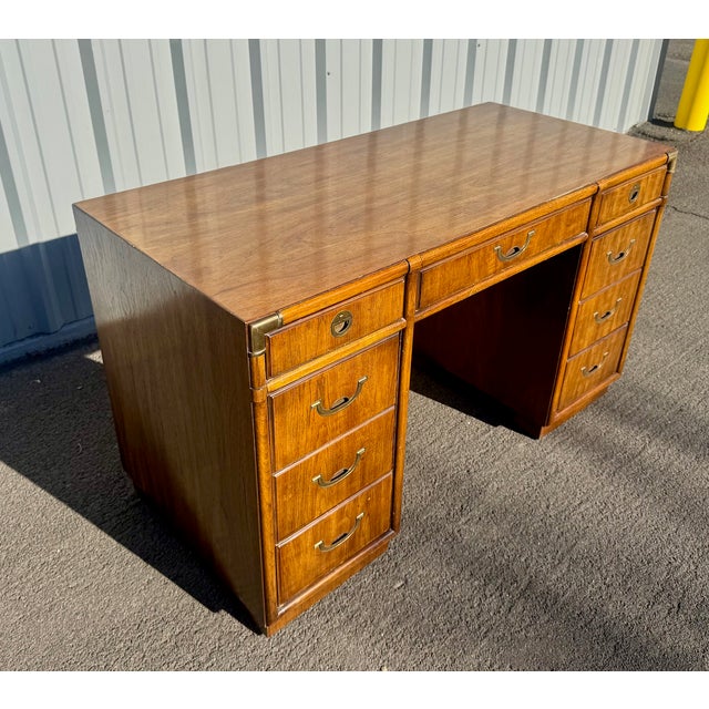 Vintage Drexel Campaign Style Partner Desk For Sale In Denver - Image 6 of 8