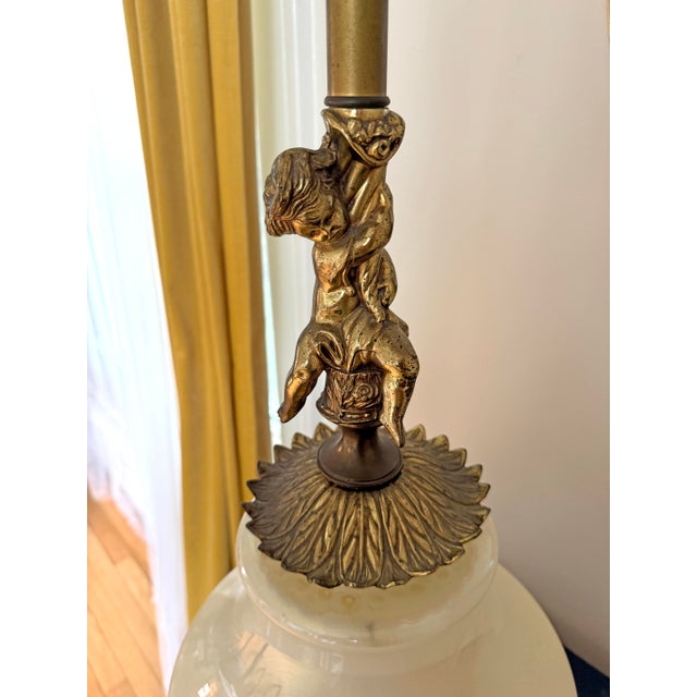 Oversized Vintage Hollywood Regency Opaline Glass Brass Cherub Table Lamps Restored - A Pair For Sale In Philadelphia - Image 6 of 7