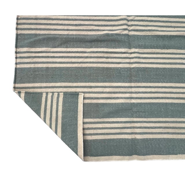 Handmade Woolen Flat Weave Rug, Blueish Grey and White Striped Wool Rug - 8'x10' For Sale - Image 10 of 13