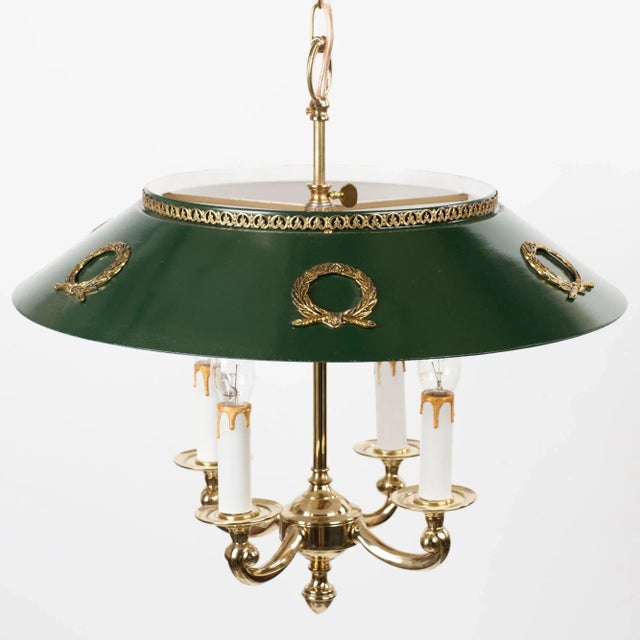 French 1960s Empire Bouillotte Brass Chandelier With Green Tole Shade For Sale - Image 3 of 14
