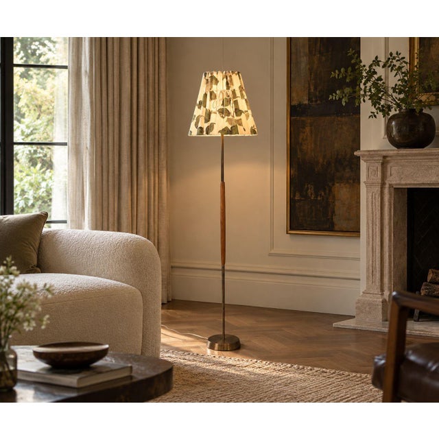 Swedish Mid-Century Modern, Floor Lamp, Teak, Brass, Pleated Floral Fabric, Sweden, 1950s An elegant Swedish Mid-Century...