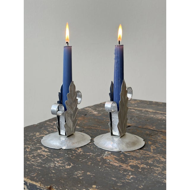 Metal Vintage Handmade Hammered Aluminum Leaf Motif Candleholders, a Pair, Circa 1940s For Sale - Image 7 of 12